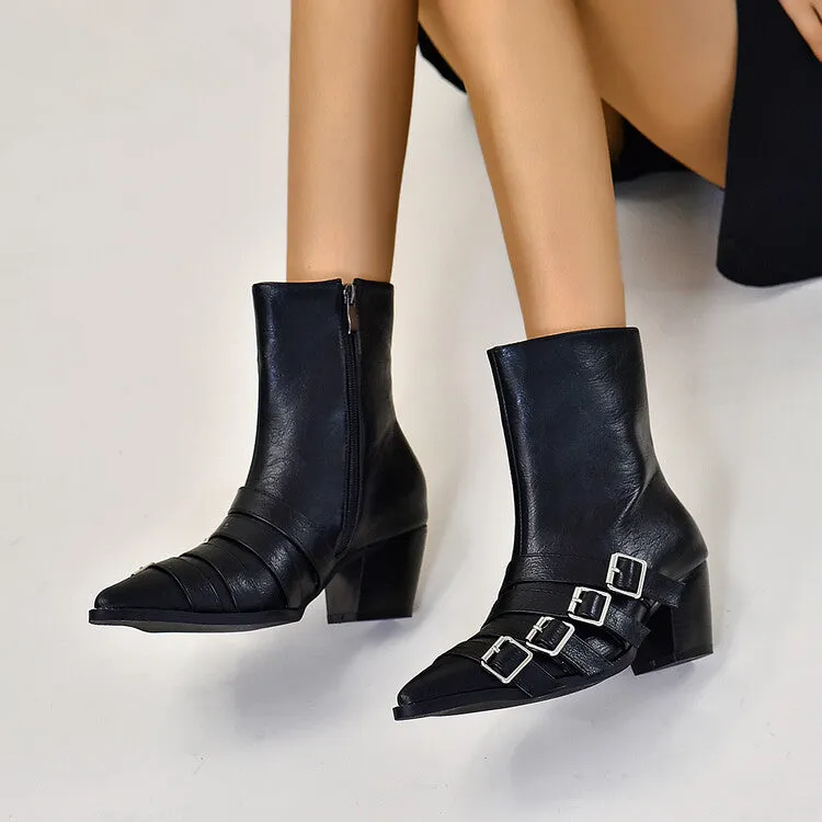 Women's Pointed Toe Buckles Belts Side Zippers Puppy Heel Short Boots