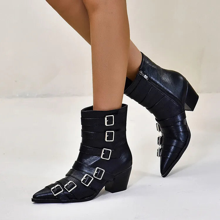 Women's Pointed Toe Buckles Belts Stitching Block Heel Short Boots