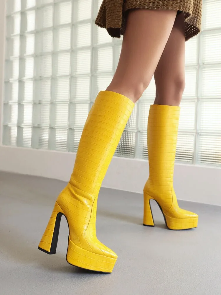 Women's Pointed Toe Chunky Heel Platform Knee High Boots