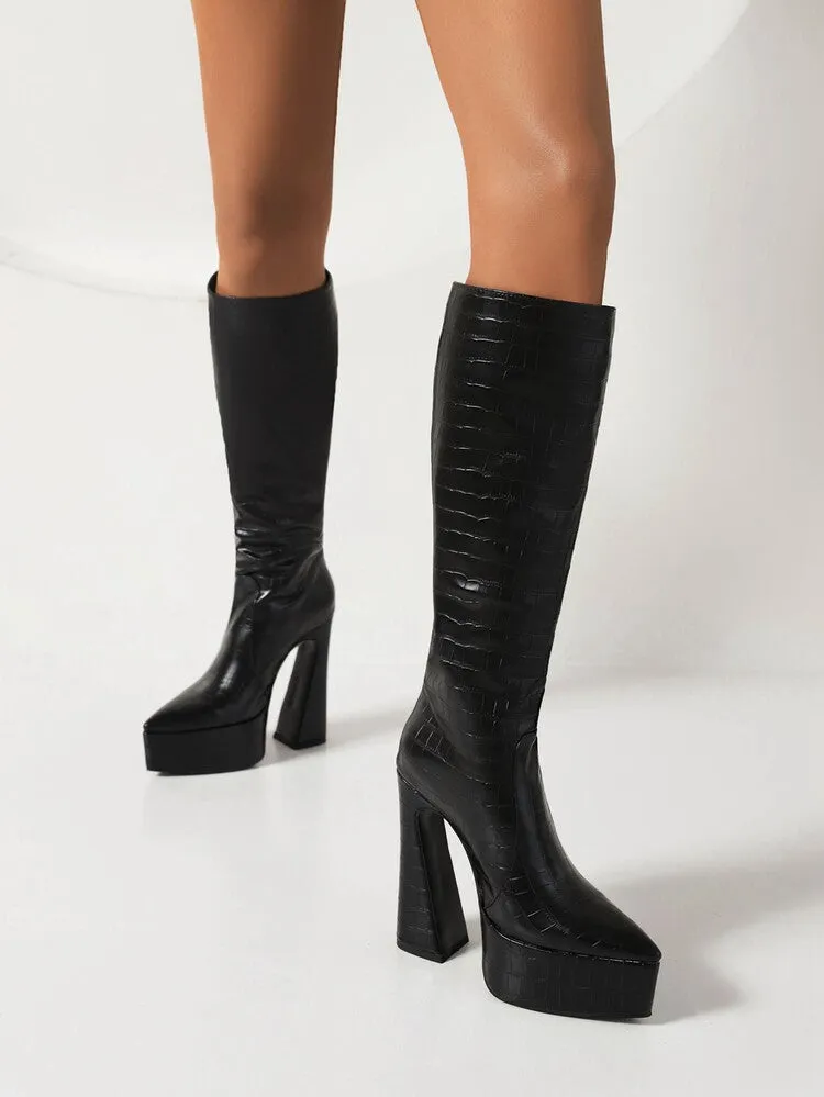 Women's Pointed Toe Chunky Heel Platform Knee High Boots