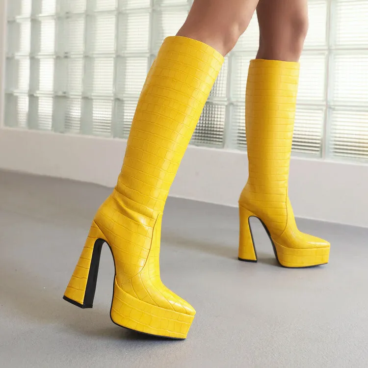 Women's Pointed Toe Chunky Heel Platform Knee High Boots