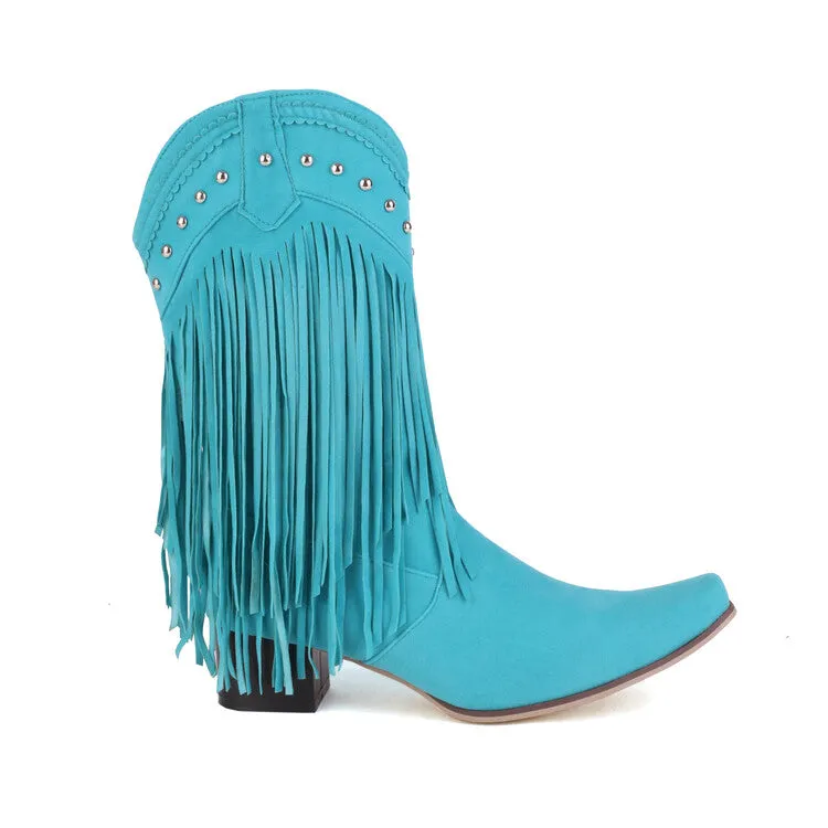 Women's Pointed Toe Rivets Tassel Block Heel Cowboy Mid-Calf Boots