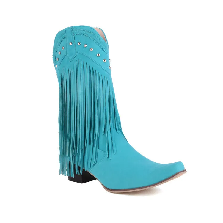 Women's Pointed Toe Rivets Tassel Block Heel Cowboy Mid-Calf Boots