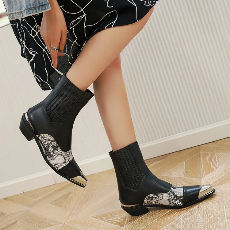 Women's Printed Patchwork Pointed Toe Stitch Low Heels Short Boots