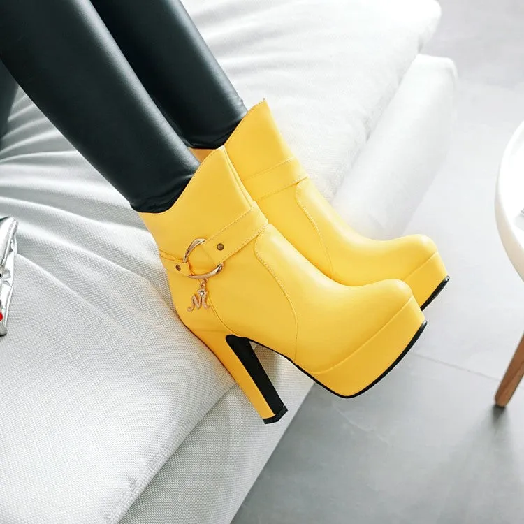 Women's Pu Leather Almond Toe Buckle Straps Block Chunky Heel Side Zippers Platform Short Boots