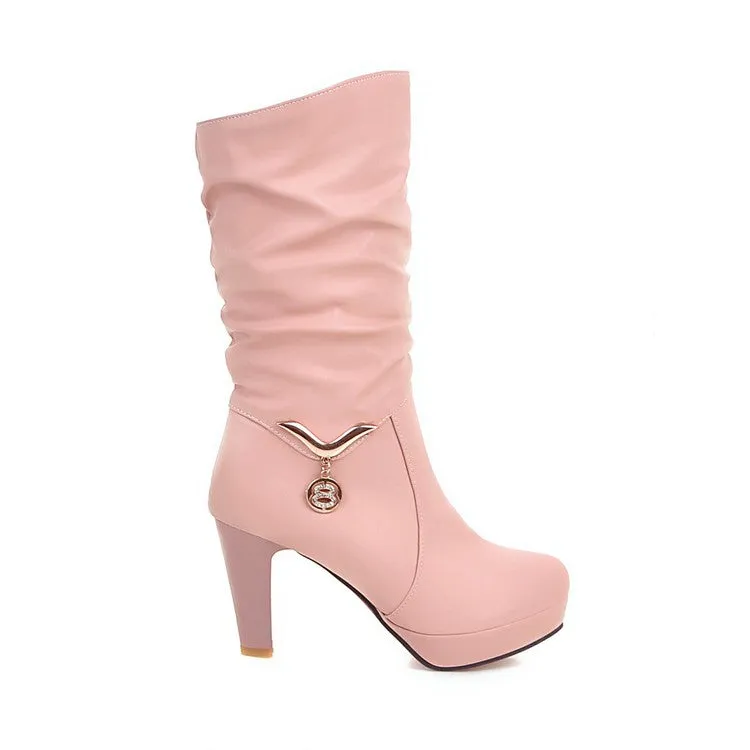 Women's Pu Leather Almond Toe Metal Rhinestone Pendants Block Chunky Heel Platform Mid Calf Boots