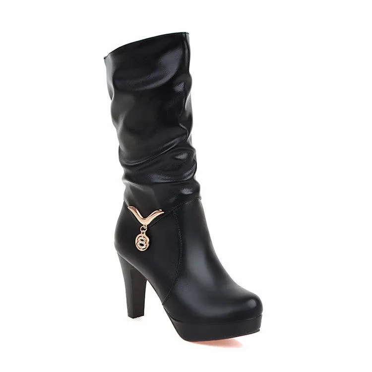 Women's Pu Leather Almond Toe Metal Rhinestone Pendants Block Chunky Heel Platform Mid Calf Boots