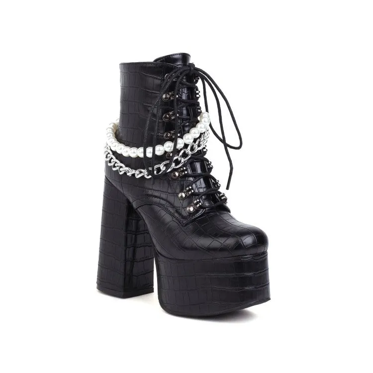 Women's Pu Leather Lace Up Metal Pearls Chains Block Chunky Heel Platform Riding Ankle Boots