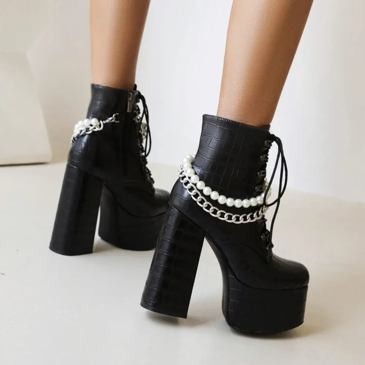 Women's Pu Leather Lace Up Metal Pearls Chains Block Chunky Heel Platform Riding Ankle Boots