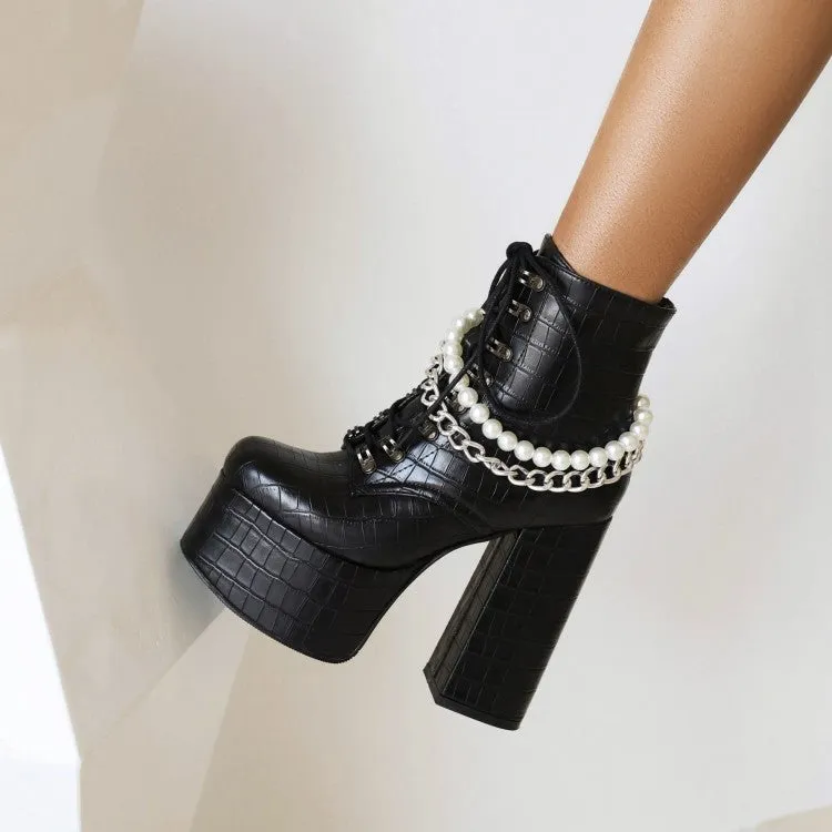 Women's Pu Leather Lace Up Metal Pearls Chains Block Chunky Heel Platform Riding Ankle Boots