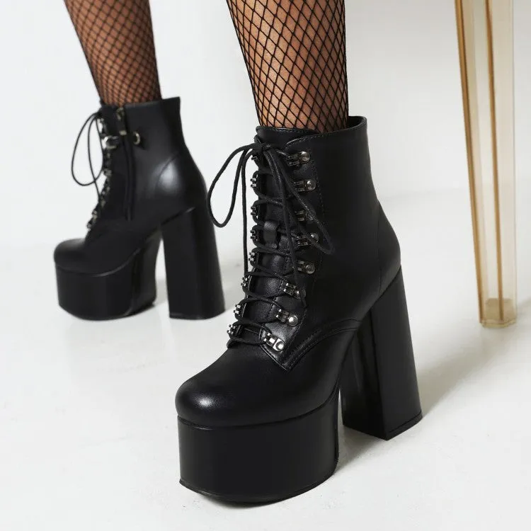 Women's Pu Leather Lace Up Metal Pearls Chains Block Chunky Heel Platform Riding Ankle Boots