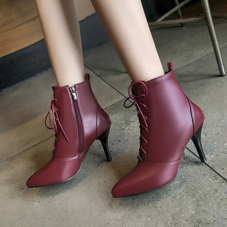 Women's Pu Leather Pointed Toe Lace Up Stiletto Heel Short Boots