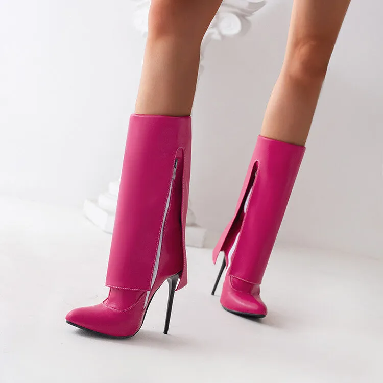 Women's Pu Leather Pointed Toe Side Zippers Fold Stiletto Heel Mid-Calf Boots