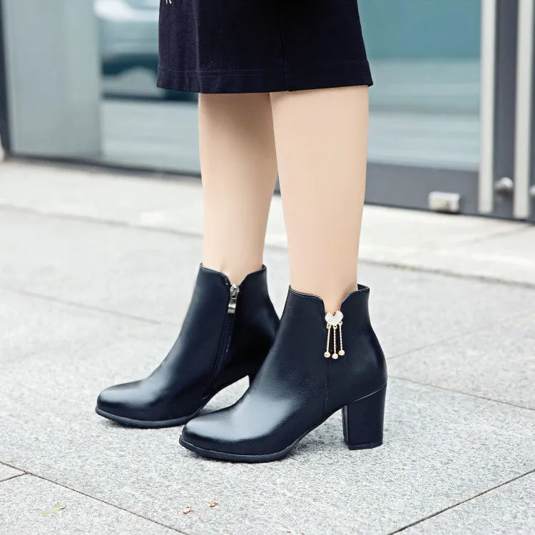 Women's Pu Leather Pointed Toe Side Zippers Rhinestone Block Chunky Heel Short Boots