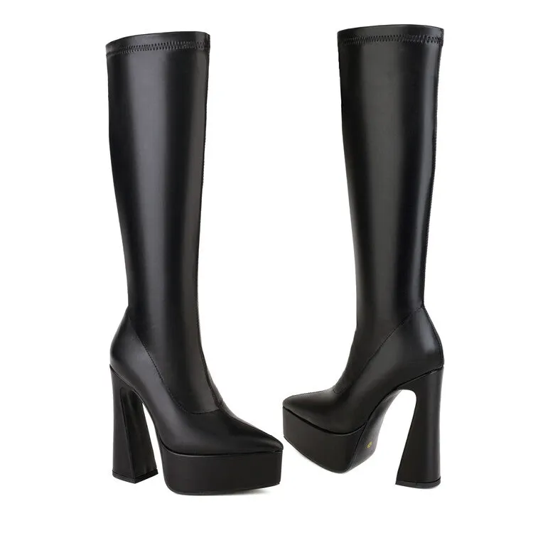 Women's Pu Leather Pointed Toe Spool Heel Platform Knee High Boots