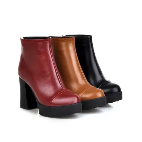 Women's Pu Leather Round Toe Back Zippers Block Chunky Heel Platform Short Boots