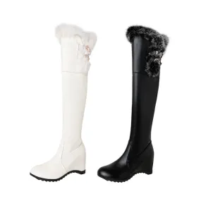 Women's Pu Leather Round Toe Fur Inside Heighten Wedge Heel Over-The-Knee Boots