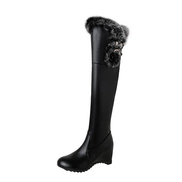 Women's Pu Leather Round Toe Fur Inside Heighten Wedge Heel Over-The-Knee Boots