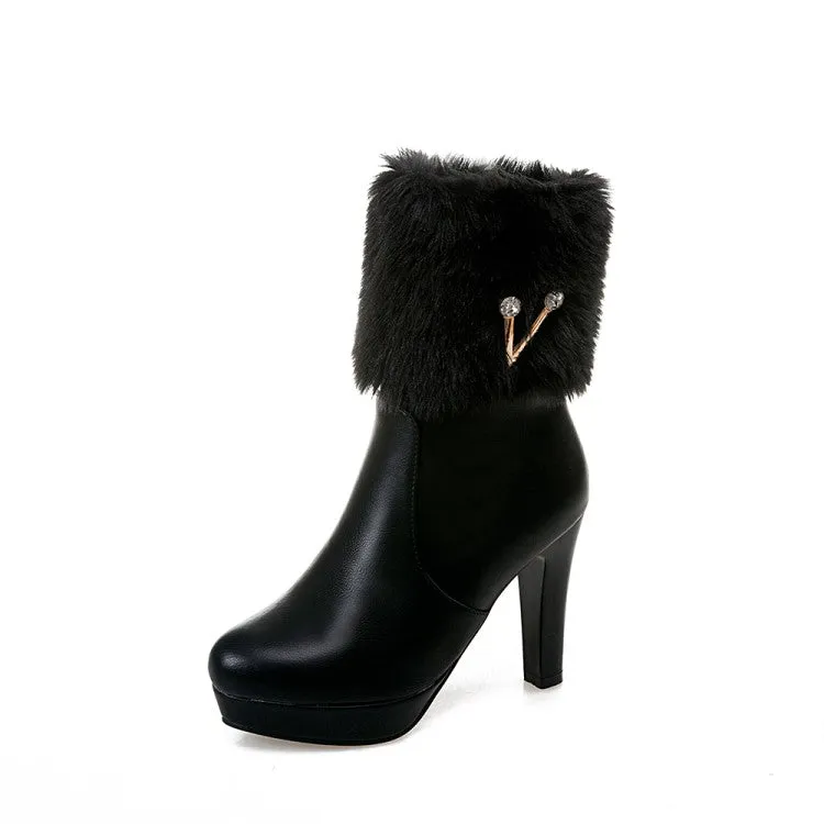 Women's Pu Leather Round Toe Furry Rhinestone Block Chunky Heel Platform Short Boots