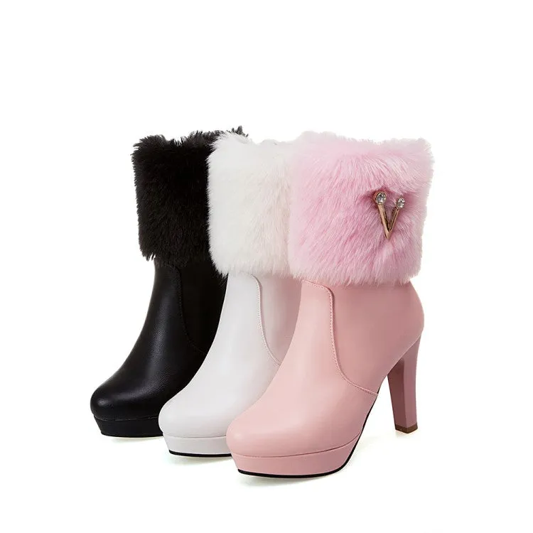 Women's Pu Leather Round Toe Furry Rhinestone Block Chunky Heel Platform Short Boots