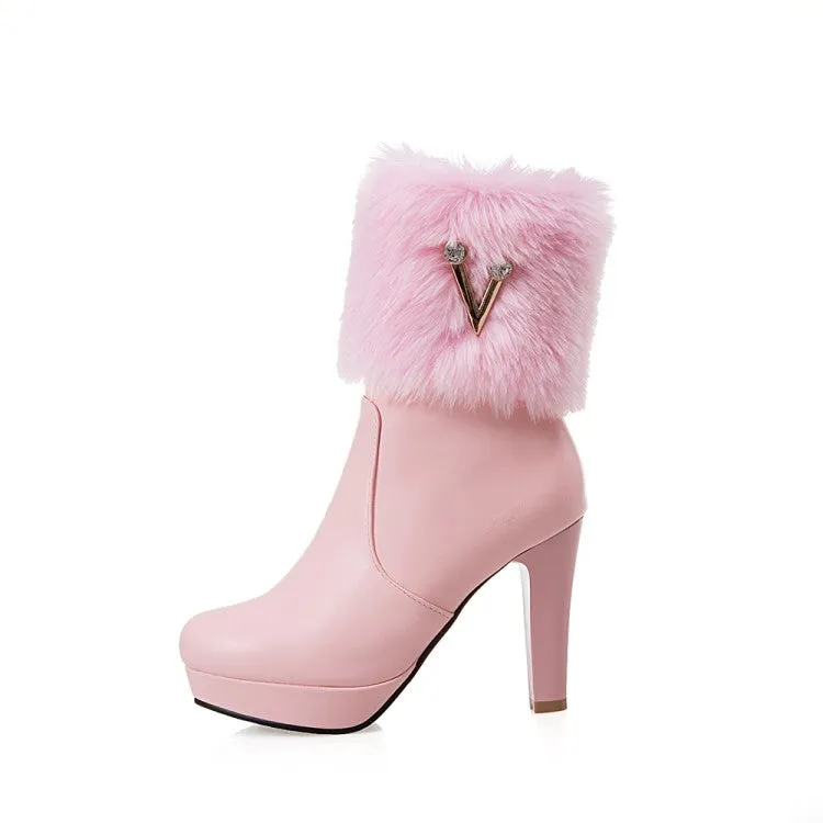 Women's Pu Leather Round Toe Furry Rhinestone Block Chunky Heel Platform Short Boots