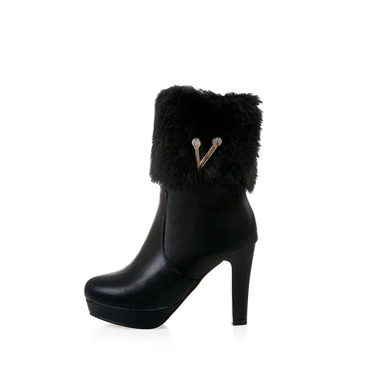 Women's Pu Leather Round Toe Furry Rhinestone Block Chunky Heel Platform Short Boots