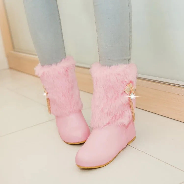 Women's Pu Leather Round Toe Furry Rhinestone Tassel Inside Heighten Ankle Boots