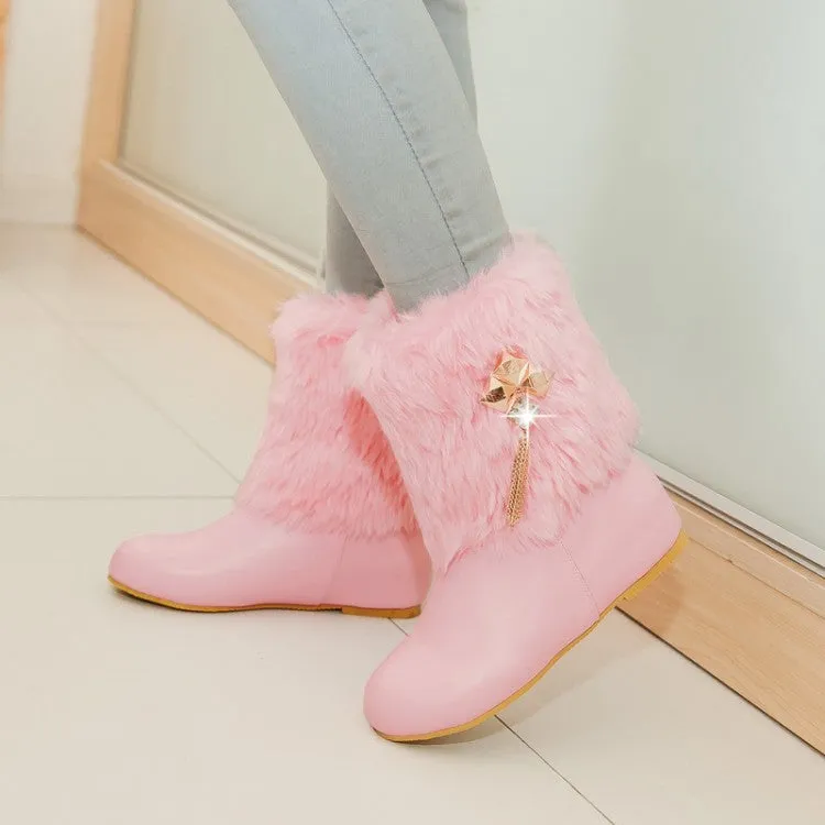 Women's Pu Leather Round Toe Furry Rhinestone Tassel Inside Heighten Ankle Boots