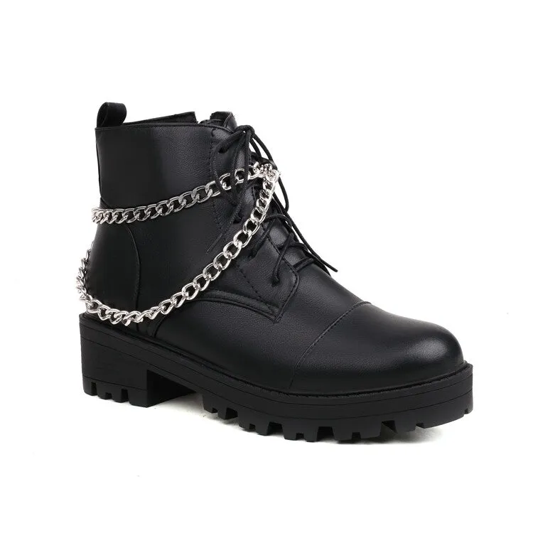 Women's Pu Leather Round Toe Lace Up Side Zippers Metal Chains Block Chunky Heel Platform Short Boots