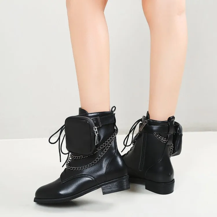 Women's Pu Leather Round Toe Metal Chains Lace Up Zippers Pocket Block Chunky Heel Ankle Boots