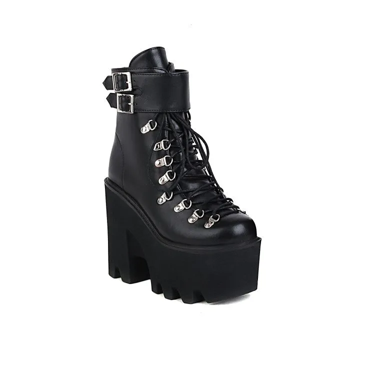 Women's Pu Leather Round Toe Metal Rivets Lace Up Buckle Straps Block Chunky Heel Platform Ankle Boots