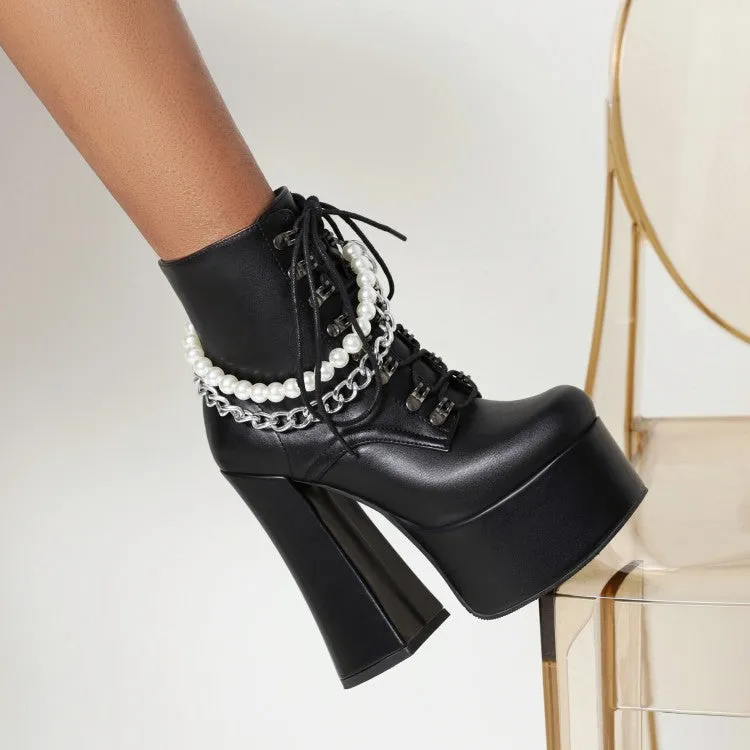 Women's Pu Leather Round Toe Pearls Metal Chains Lace Up Block Chunky Heel Platform Ankle Boots