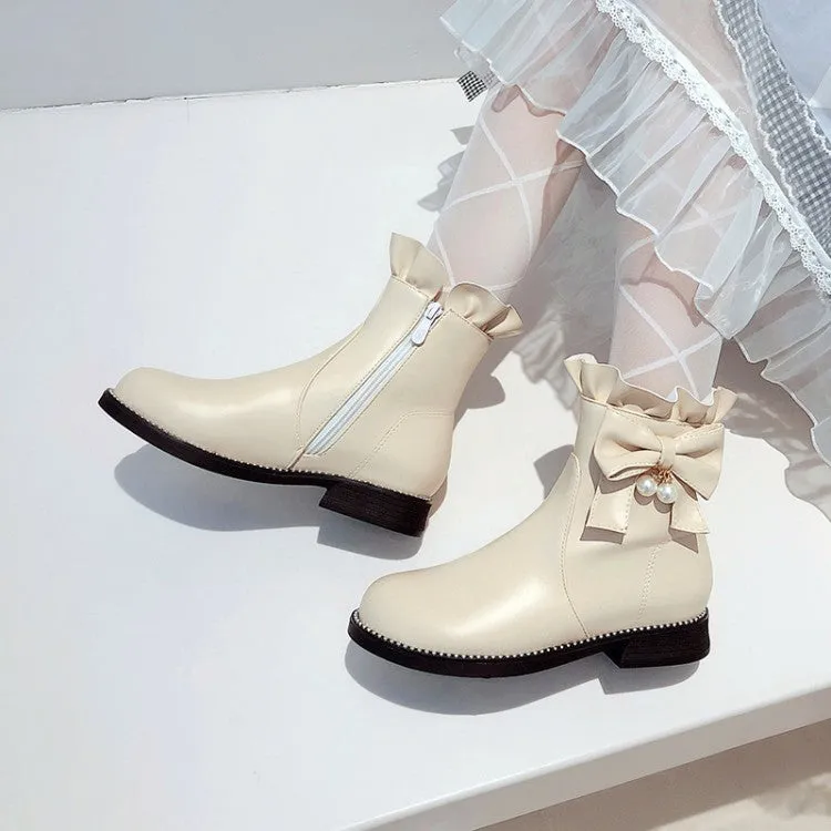 Women's Pu Leather Round Toe Ruffles Pearls Bow Tie Short Boots