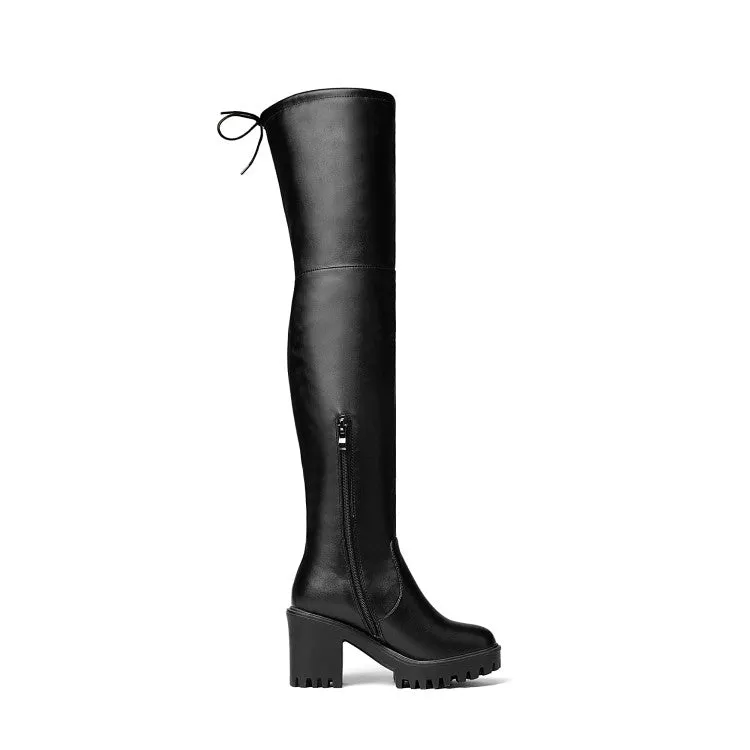 Women's Pu Leather Round Toe Side Zippers Block Chunky Heel Platform Over the Knee Boots