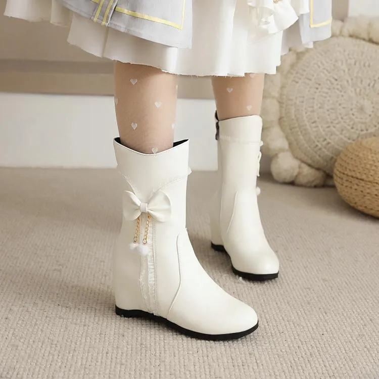 Women's Pu Leather Round Toe Side Zippers Bow Tie Pearls Inside Heighten Mid-Calf Boots