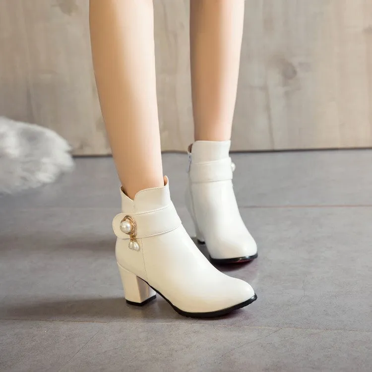 Women's Pu Leather Round Toe Side Zippers Pearls Block Chunky Heel Short Boots