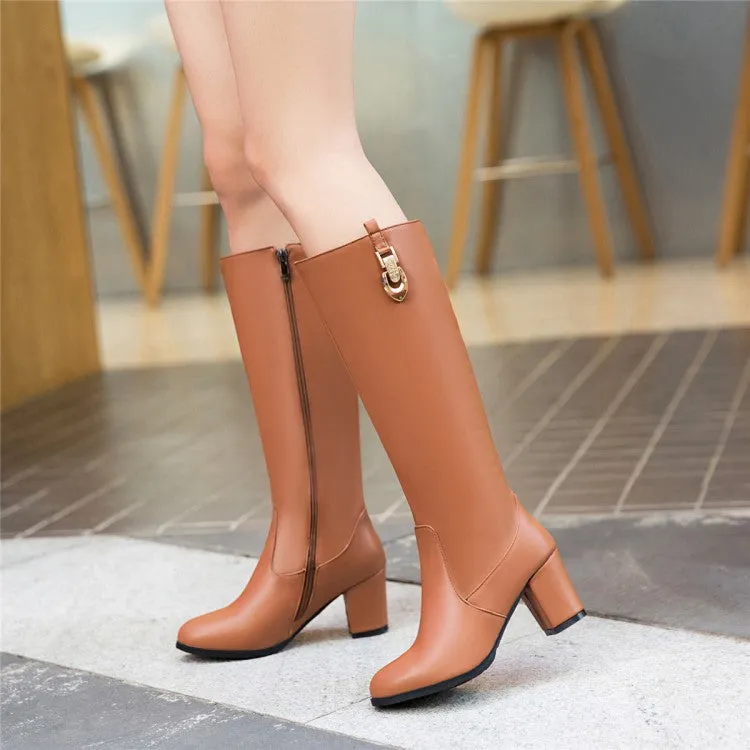 Women's Pu Leather Side Zippers Metal Buckles Block Chunky Heel Knee High Boots