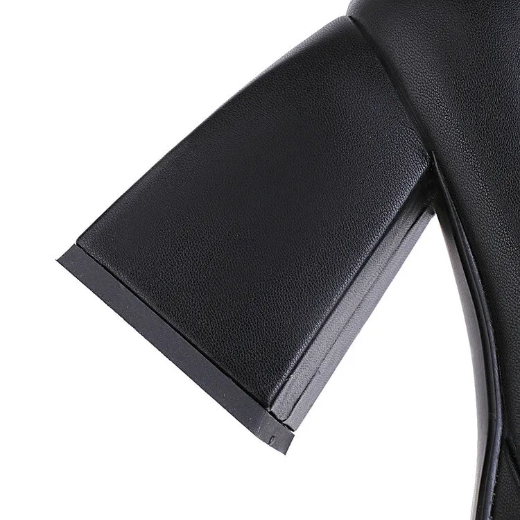 Women's Pu Leather Square Toe Block Chunky Heel Platform Knee High Boots