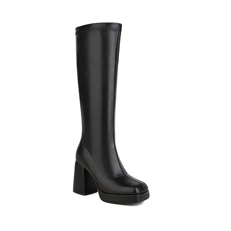 Women's Pu Leather Square Toe Block Chunky Heel Platform Knee High Boots