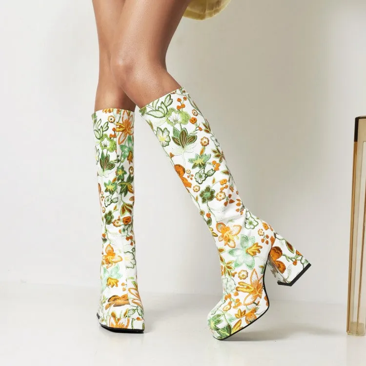 Women's Pu Leather Square Toe Flora Printed Block Chunky Heel Platform Knee High Boots