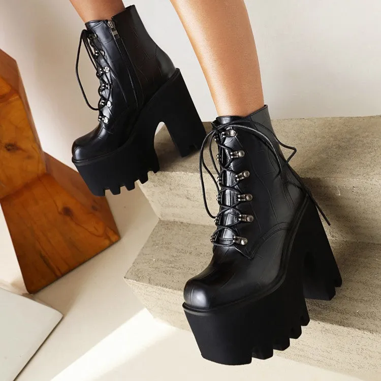 Women's Pu Leather Square Toe Lace Up Block Chunky Heel Platform Ankle Boots