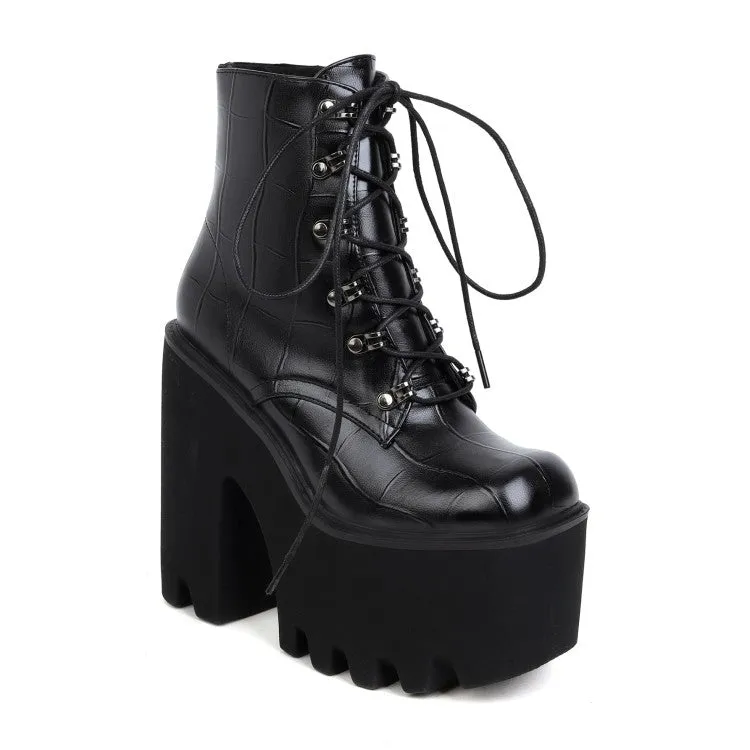 Women's Pu Leather Square Toe Lace Up Block Chunky Heel Platform Ankle Boots