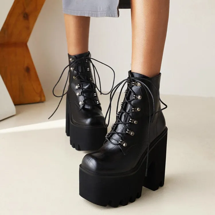 Women's Pu Leather Square Toe Lace Up Block Chunky Heel Platform Ankle Boots