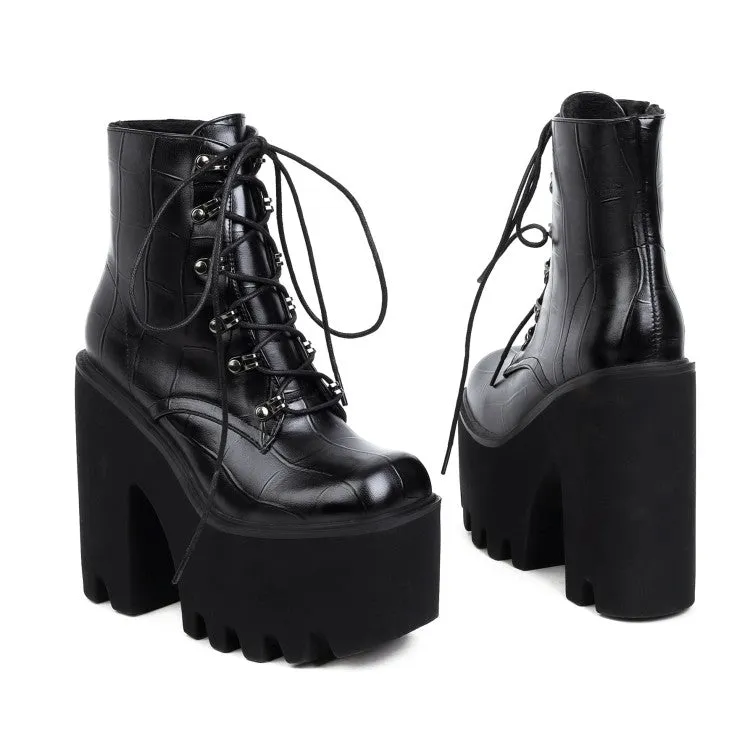 Women's Pu Leather Square Toe Lace Up Block Chunky Heel Platform Ankle Boots