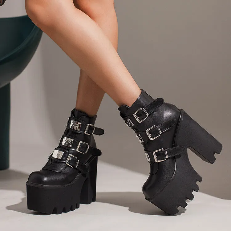 Women's Pu Leather Square Toe Metal Buckle Straps Block Chunky Heel Platform Ankle Boots