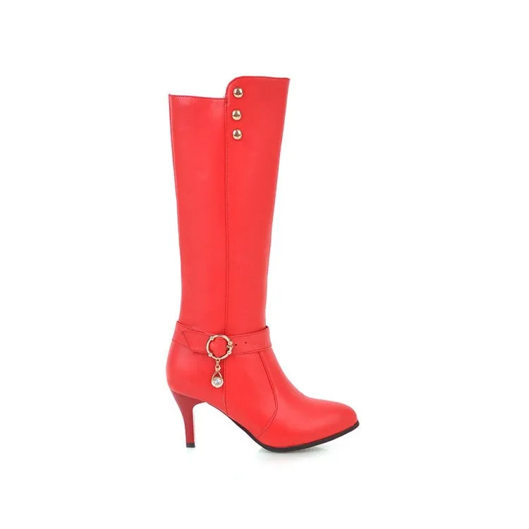 Women's Rivets Rhinestone Buckle Straps Side Zippers Kitten Heel Knee High Boots