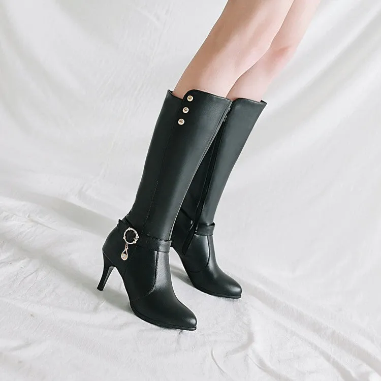 Women's Rivets Rhinestone Buckle Straps Side Zippers Kitten Heel Knee High Boots