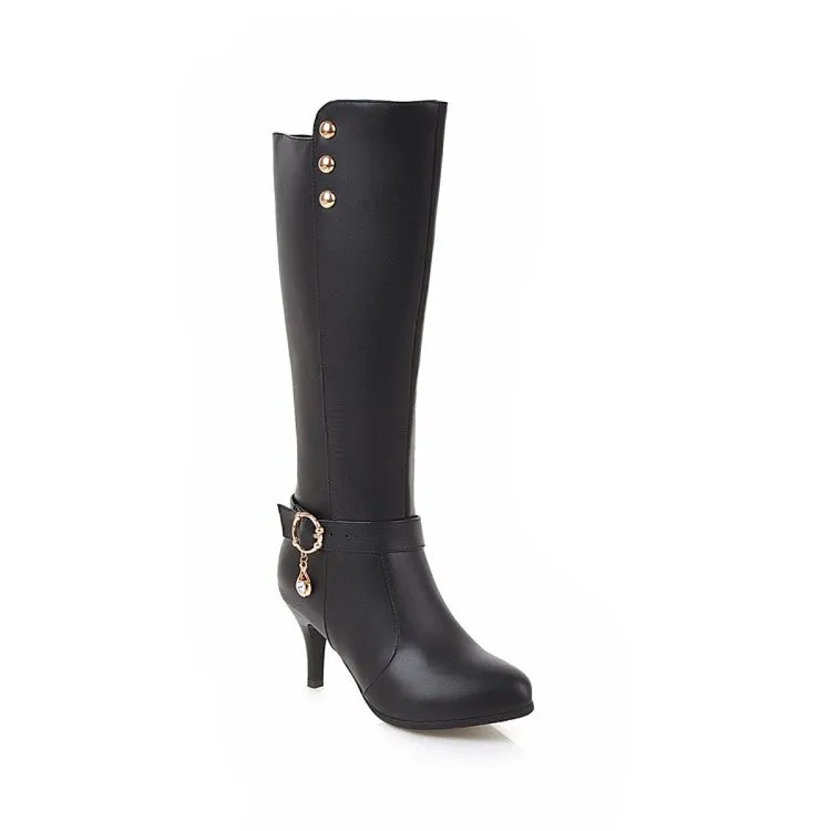 Women's Rivets Rhinestone Buckle Straps Side Zippers Kitten Heel Knee High Boots