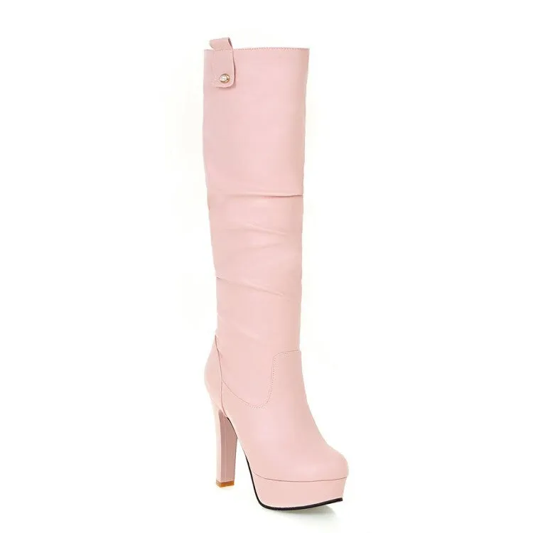 Women's Round Toe Block Chunky Heel Platform Knee High Boots