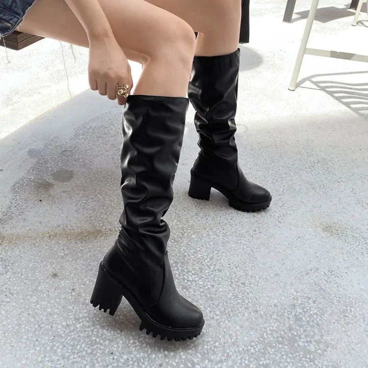 Women's Round Toe Block Chunky Heel Platform Tall Boots